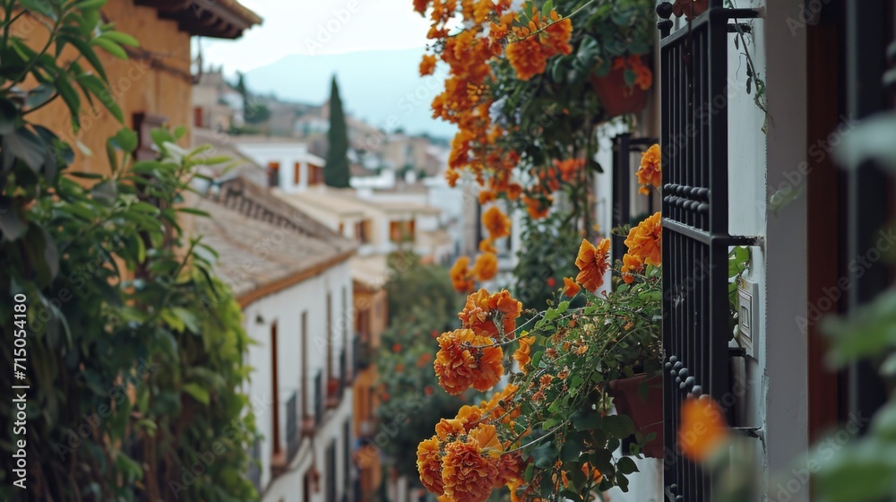 A view of a narrow street adorned with vibrant orange flowers. Perfect for adding a touch of color to any project