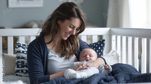 Smiling woman is leaning over a white crib, engaging with a happy baby lying inside it.