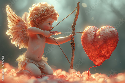 cupido en forma de bello muñeco de dibujos animados, pelirrojo con alas y arco con flecha apuntando a un corazón rojo, sobre fondo nevando desenfocado bokeh photo
