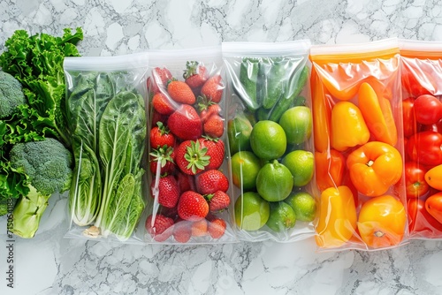 A collection of different fruits and vegetables packaged in plastic bags. Ideal for illustrating healthy eating, grocery shopping, or food storage concepts