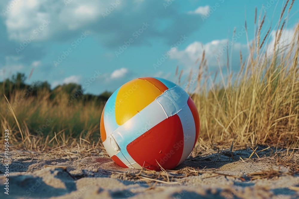 A vibrant beach ball resting on a sandy beach. Perfect for summer-themed designs and advertisements