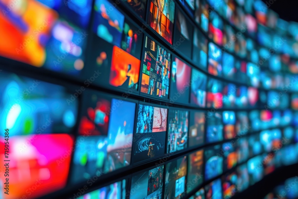 A wall filled with various types of televisions. Perfect for illustrating technology, entertainment, or media concepts - obrazy, fototapety, plakaty 