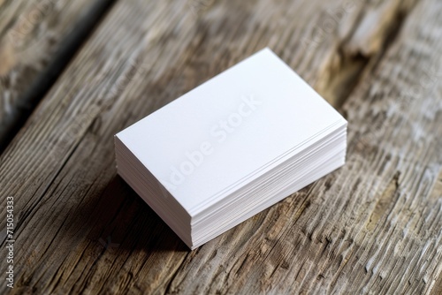A stack of white business cards placed on top of a wooden table. Perfect for showcasing professional and corporate branding. photo