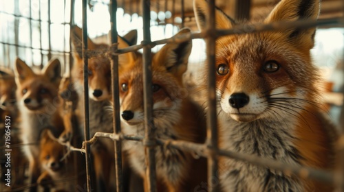 Fényképezés A group of foxes looking directly at the camera in a cage