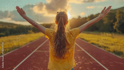 A young sporty girl with her arms raised celebrating victory  on a running track at sunset  generative ai