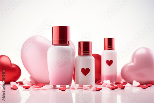 Valentine's Day care and decorative cosmetics mockup. Lipstick, cream, balm, perfume