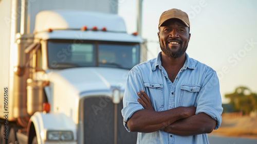 Confident male truck driver standing with his arms crossed in front of a truck, smiling at the camera during a sunny day. © MP Studio