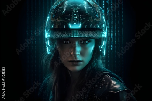 portrait of a human wearing a robotic hat using computer graphics