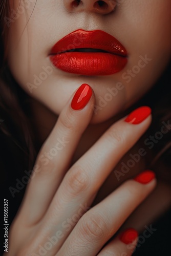 A close-up view of a woman s hand showing off her vibrant red nails. Perfect for beauty and fashion-related projects