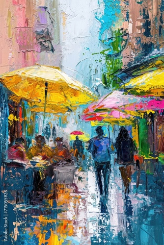 A painting depicting a group of people walking down a street while holding umbrellas. This image can be used to represent rainy weather, urban scenes, or city life.