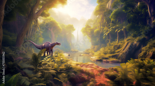 Dinosaur roaming a misty prehistoric jungle © ChaoticDesignStudio