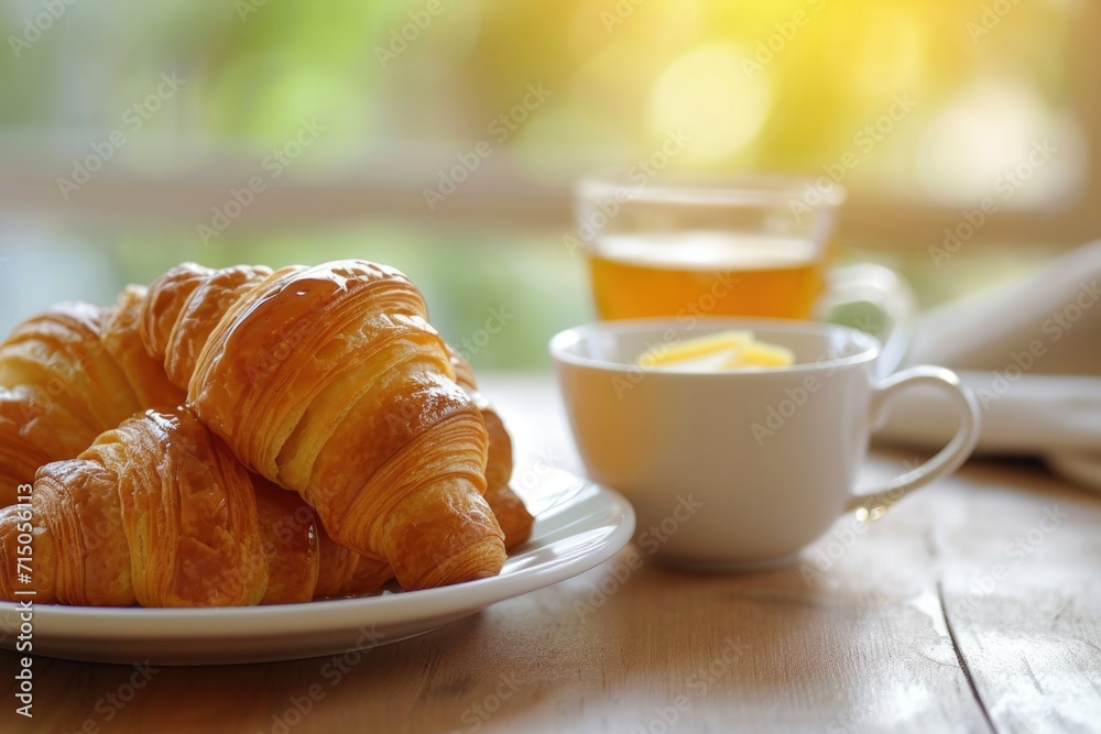 A plate of croissants next to a cup of tea. Perfect for breakfast or a relaxing afternoon treat A plate of croissants next to a cup of tea. Perfect for breakfast or a relaxing afternoon treat