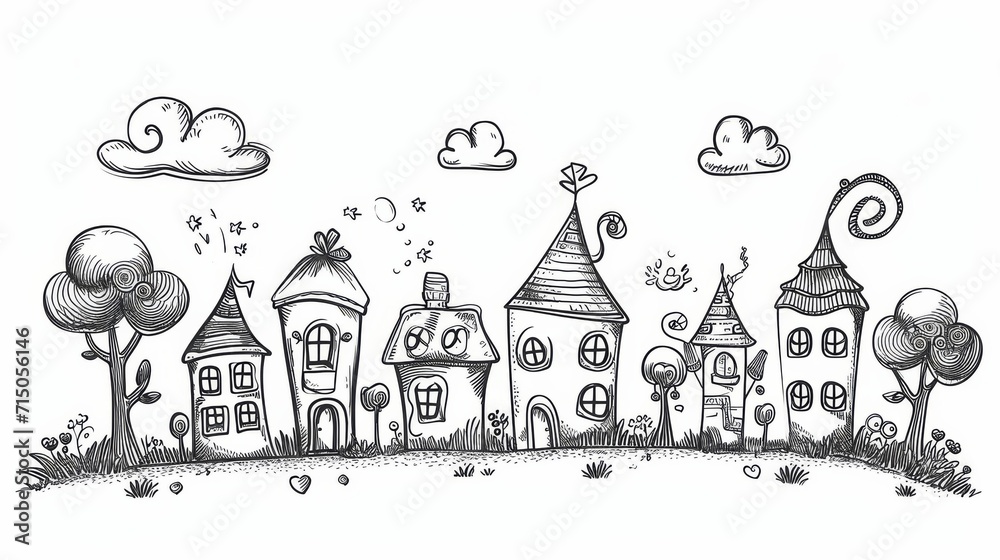 Drawing of Houses, Trees, and Clouds, Serene Scene With Nature and Architecture