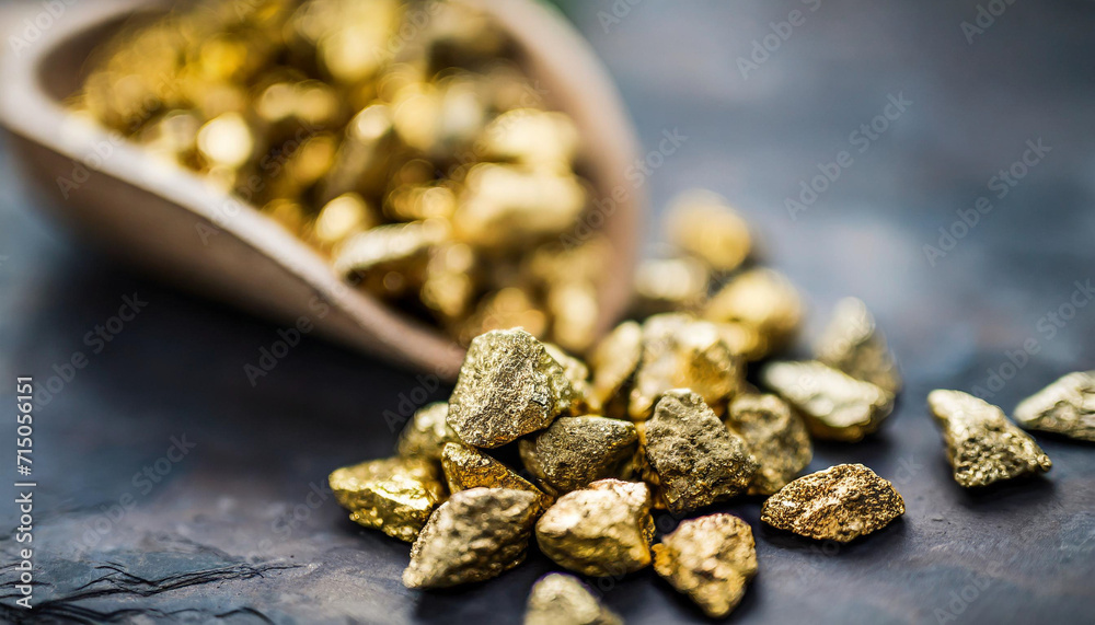gold nuggets in miner's pan, symbolizing wealth, success, and the thrill of discovery in the world of mining
