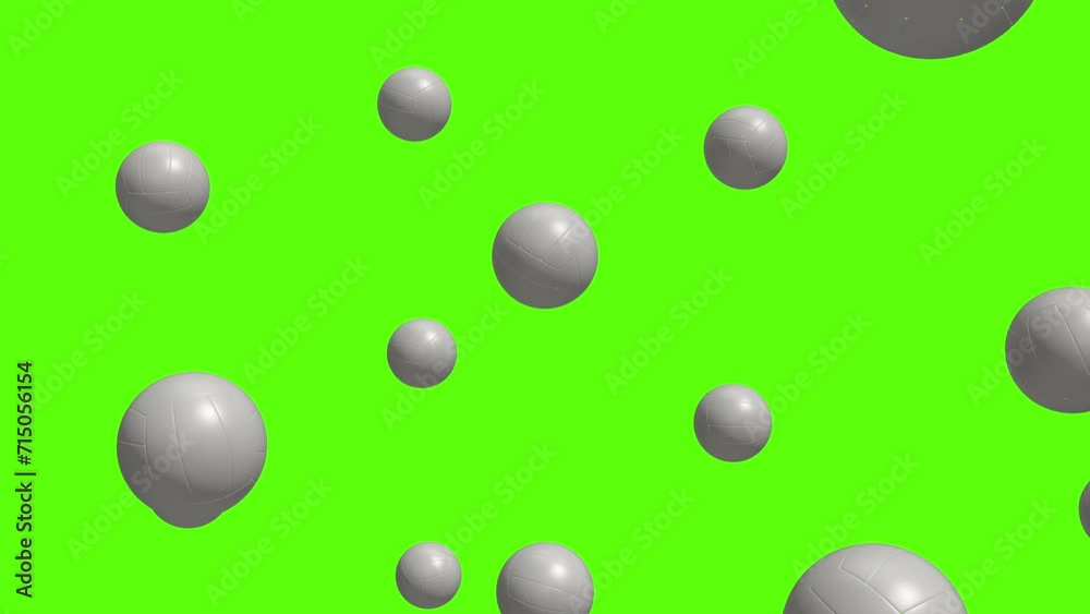 Volleyball balls background. Falling white volleyball balls over green