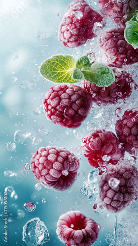 Fresh frozen raspberries with mint leaves and ice cubes.