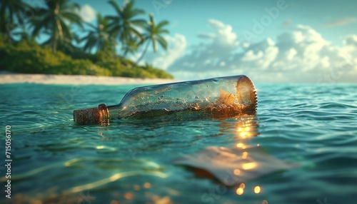 bottle with rolled up letter in it floating in water, generative ai photo