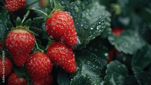 A close-up view of ripe strawberries growing on a plant. This image can be used to showcase the beauty and freshness of organic fruits