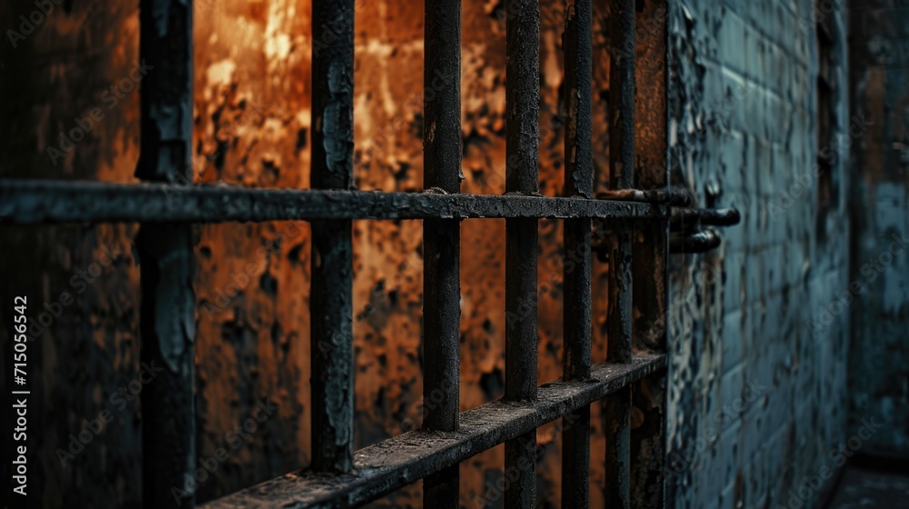 A close-up view of a jail cell door. This image can be used to depict prison, incarceration, justice, or confinement.