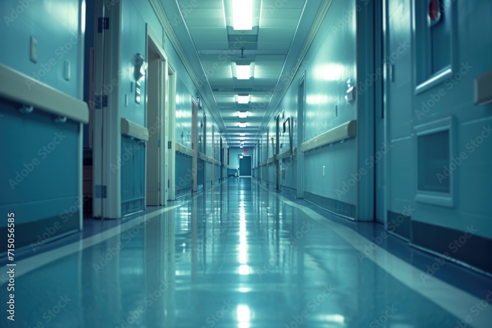 A long hallway with blue walls and soft lighting. Perfect for adding depth and ambiance to any design