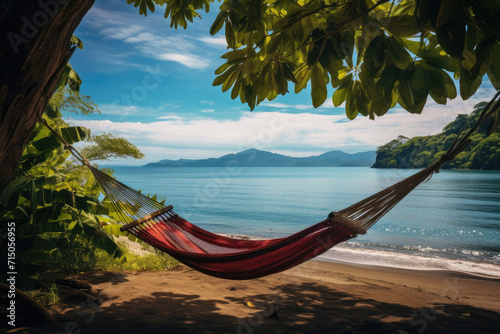 A  hammock hanging between two palm trees in Costa Rica with clear blue water and a sandy shore with mountains in the background.  © Prime Lens