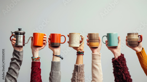 Multiple hands are raised, each holding a different type of coffee cup or coffee pot, showcasing a variety of colors and styles against a neutral background. photo