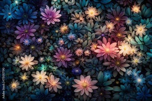 A top-down view of a digital garden with flowers blooming in gradients of light, creating a visually stunning and ethereal abstract background.
