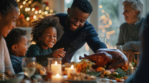 Family gathered around a dinner table, enjoying a festive meal with a roasted turkey, smiling and engaging in lively conversation.