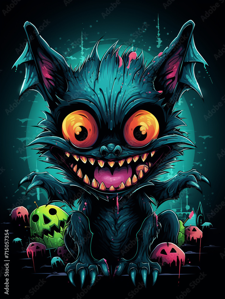 T-shirt design, Craft a fanged and hairy bat-like monster kid illustration using solid colors created with Generative Ai T-shirt design, Craft a fanged and hairy bat-like monster kid illustration using solid colors created with Generative Ai