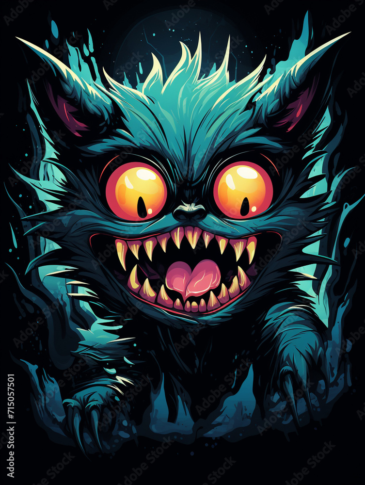 T-shirt design, Craft a fanged and hairy bat-like monster kid illustration using solid colors created with Generative Ai T-shirt design, Craft a fanged and hairy bat-like monster kid illustration using solid colors created with Generative Ai