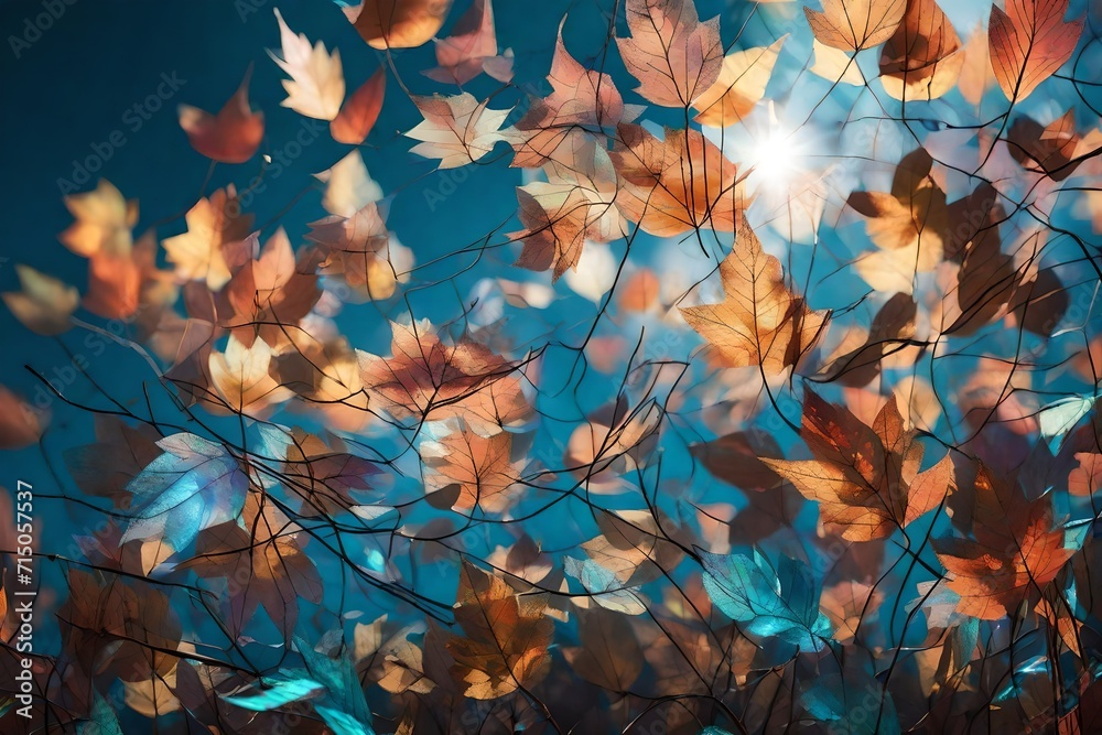 A close-up shot of holographic leaves fluttering in the breeze, forming a dynamic and enchanting abstract composition.
