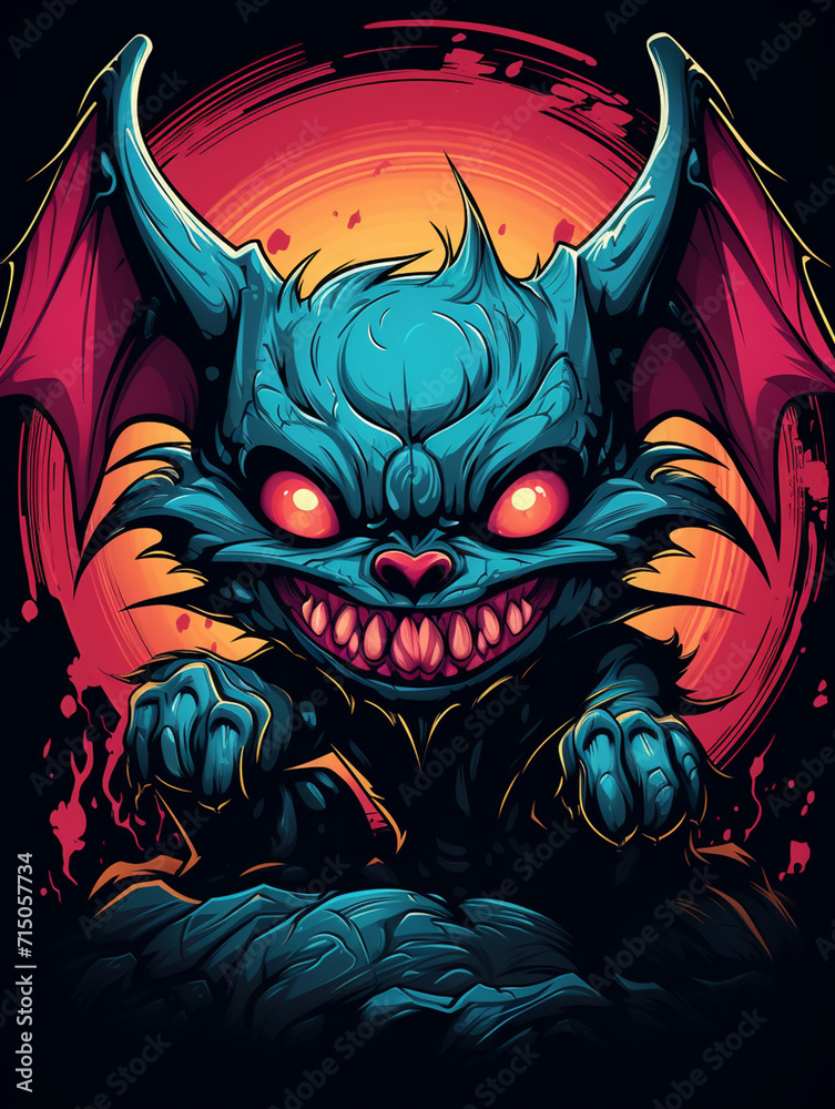 T-shirt design, Craft a fanged and hairy bat-like monster kid illustration using solid colors created with Generative Ai