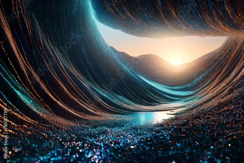 A 3D-rendered abstract landscape with cascading waves of iridescent particles creating an ethereal and captivating background.