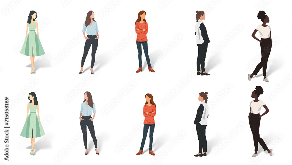 Set of minimal flat drawing illustrations of different woman in casual clothes, transparent background with shadow, facing both ways. Generative AI