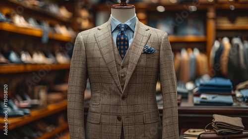 Elegant Business Attire: Beige Suit on Mannequin, Boutique Display in Mall , generative ai.