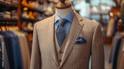 Elegant Business Attire: Beige Suit on Mannequin, Boutique Display in Mall , generative ai.