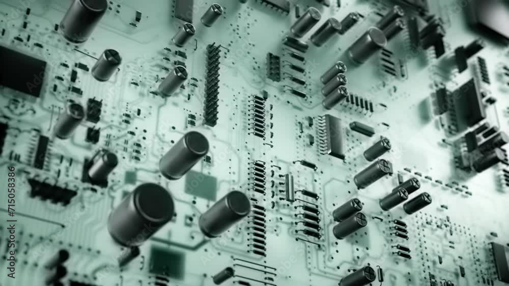 Circuit components placed on a motherboard. Close up animation of transistors and processors assembled on a circuit board.