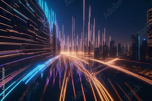 A 3D-rendered abstract cityscape with trails of light crisscrossing the sky, forming a dynamic and futuristic pattern.