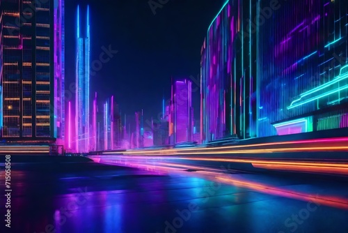 Electric waves of color pulsating in a futuristic cityscape at night
