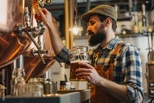Bearded brewer in a cap pouring craft beer from a copper tank into a glass mug in a brewery
 photo