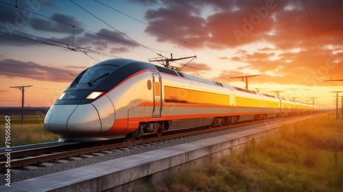 The train blurs past, juxtaposed against the stillness of the cloud-swept sky in a moment of motion and tranquility