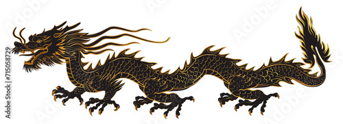 Majestic Black Chinese Dragon is a traditional Eastern dragon in illustration outlines, symbolizing power and wisdom,  isolated on transparent background. © Tida
