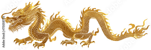 Fotomurale A striking golden Chinese dragon, with ornate details, embodies imperial power and strength, isolated on transparent background