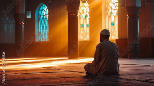 Prayer, islam and worship with man in mosque for god, holy quran and spirituality. Praying, ai generated and Islamic with person in Muslim pray traditions for faith, mindfulness and Ramadan kareem photo