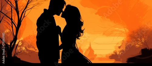 Romantic silhouette of young couple in love kissing on the background of the sunset.