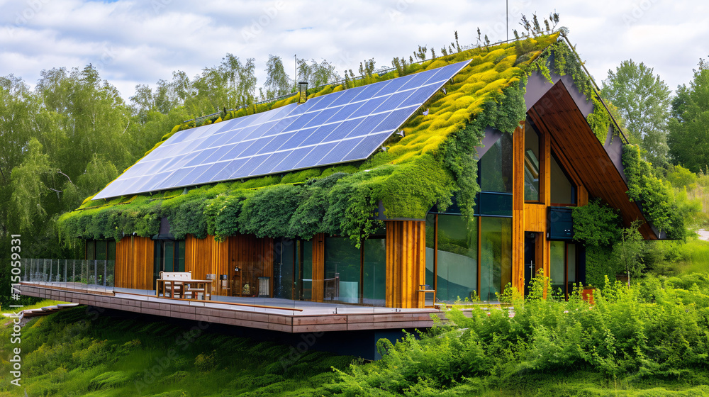 Eco-friendly house with green roof and solar panels surrounded by lush vegetation, sustainable living concept
Eco-friendly house with green roof and solar panels surrounded by lush vegetation, sustainable living concept