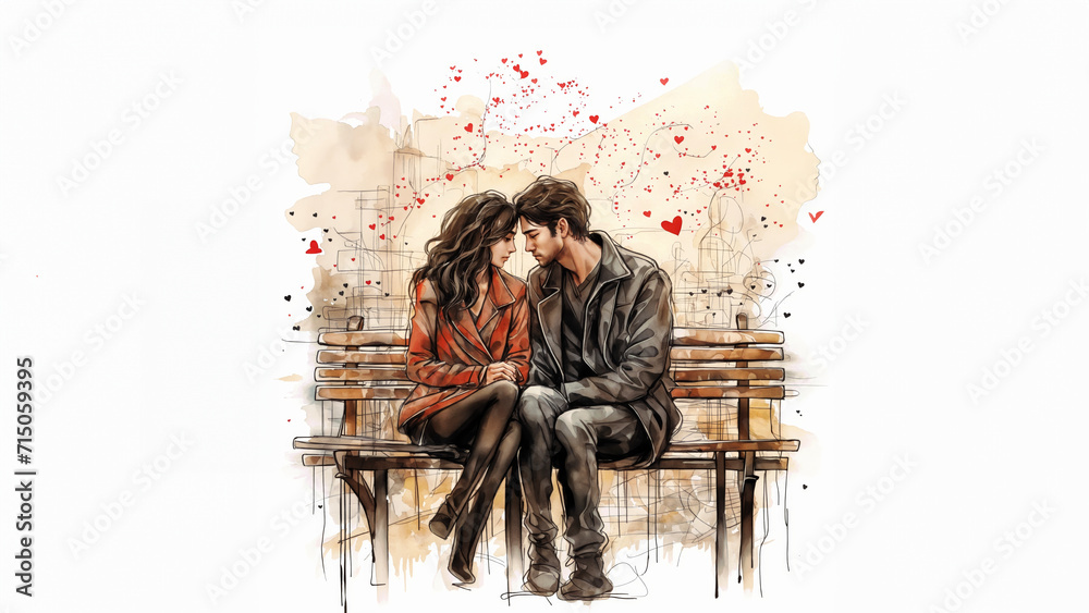 Young couple sitting on a park bench in love on valentines day 