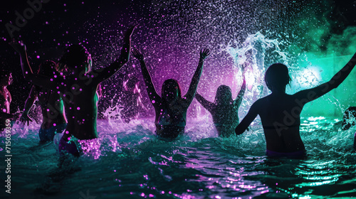 Vibrant and energetic scene of people joyously raising their arms in the air, immersed in water photo