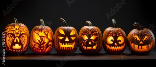 Row of Carved Pumpkins With Faces - Halloween Decoration