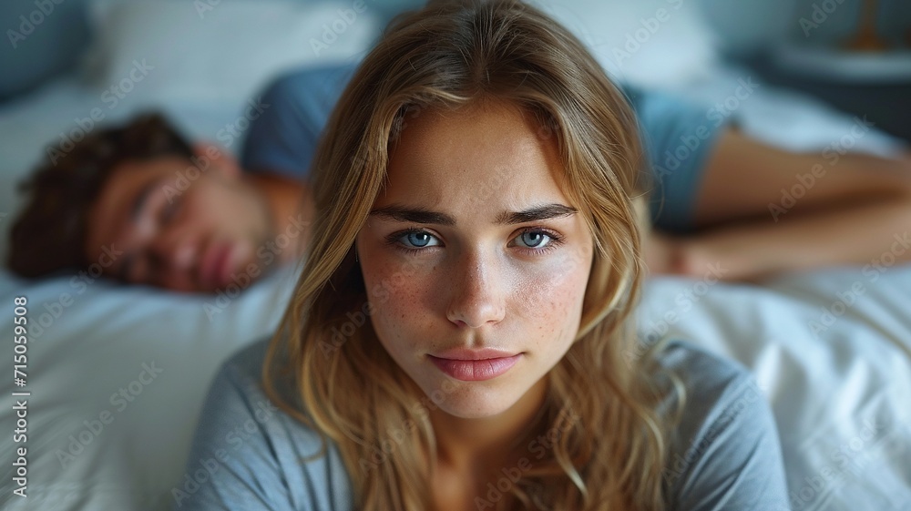A picture of a woman with a very uncomfortable expression on her face. while her husband was snoring loudly in the background generative ai A picture of a woman with a very uncomfortable expression on her face. while her husband was snoring loudly in the background generative ai